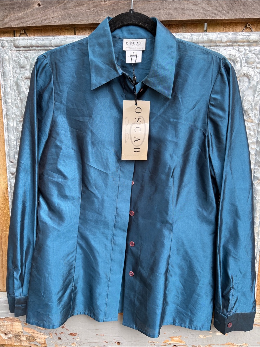 Oscar de la Renta Teal silk Button-Front Blouse NWT Ocean Blue 6 - Picture 14 of 14